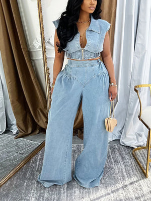 Denim Zip-Up Top Wide Pants Set