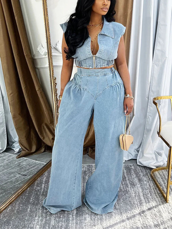 Denim Zip-Up Top Wide Pants Set