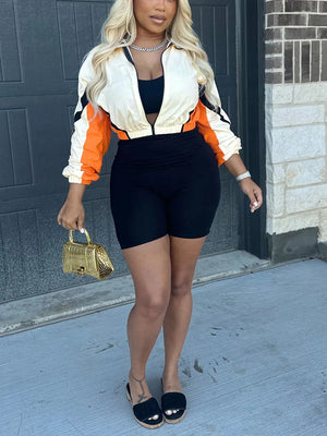 Colorblock Zip-Up Jacket Biker Shorts Set
