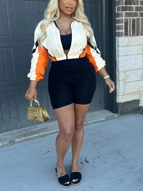 Colorblock Zip-Up Jacket Biker Shorts Set