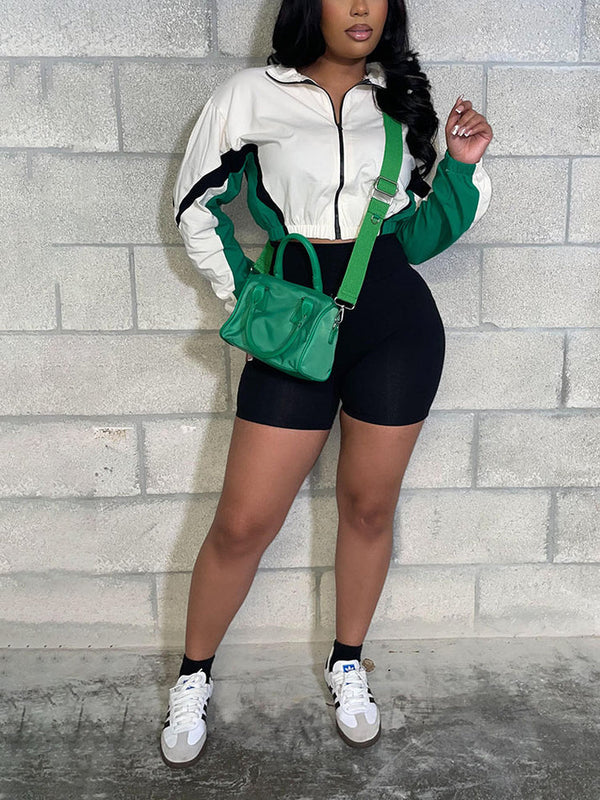 Colorblock Zip-Up Jacket Biker Shorts Set