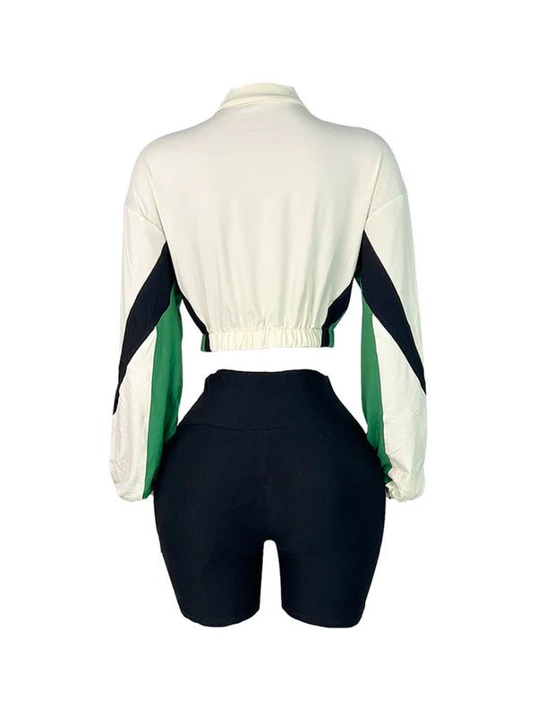 Colorblock Zip-Up Jacket Biker Shorts Set