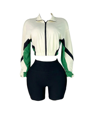 Colorblock Zip-Up Jacket Biker Shorts Set