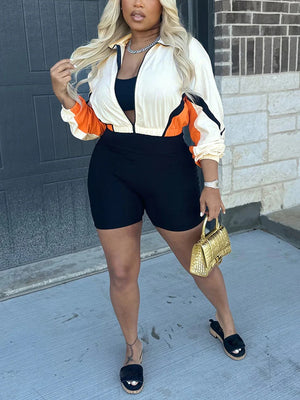 Colorblock Zip-Up Jacket Biker Shorts Set