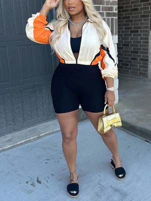 Colorblock Zip-Up Jacket Biker Shorts Set