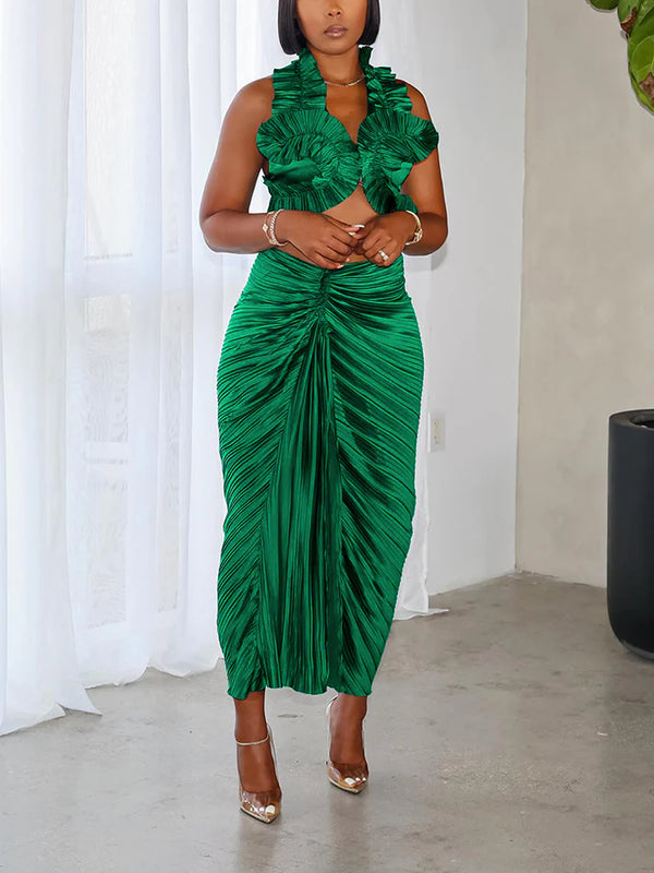 Satin Ruffle Crop Top Skirt Set
