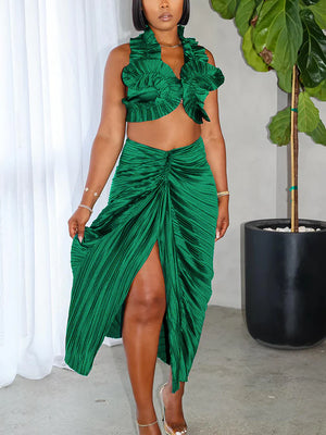 Satin Ruffle Crop Top Skirt Set