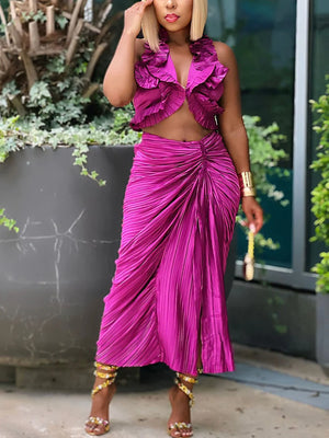 Satin Ruffle Crop Top Skirt Set