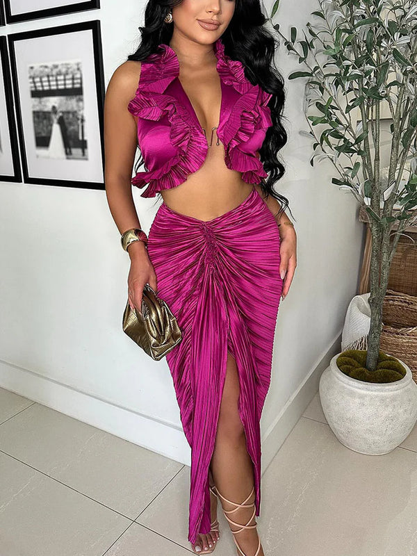 Satin Ruffle Crop Top Skirt Set