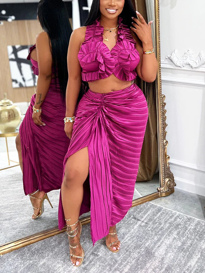Satin Ruffle Crop Top Skirt Set