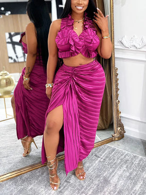 Satin Ruffle Crop Top Skirt Set