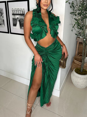 Satin Ruffle Crop Top Skirt Set