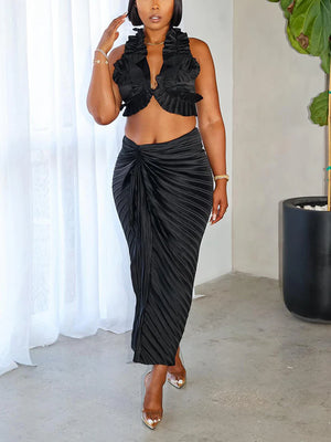 Satin Ruffle Crop Top Skirt Set