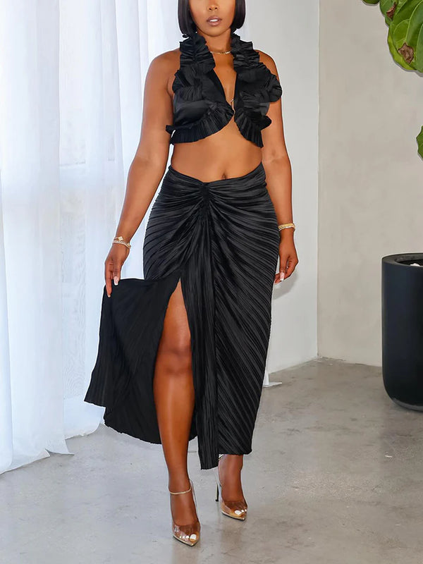 Satin Ruffle Crop Top Skirt Set