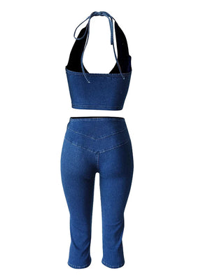 Denim Halter Crop Top Capri Set