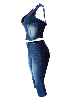 Denim Halter Crop Top Capri Set