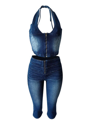Denim Halter Crop Top Capri Set