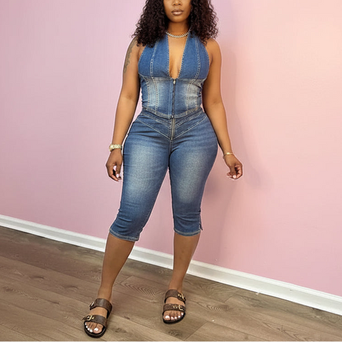 Denim Halter Crop Top Capri Set
