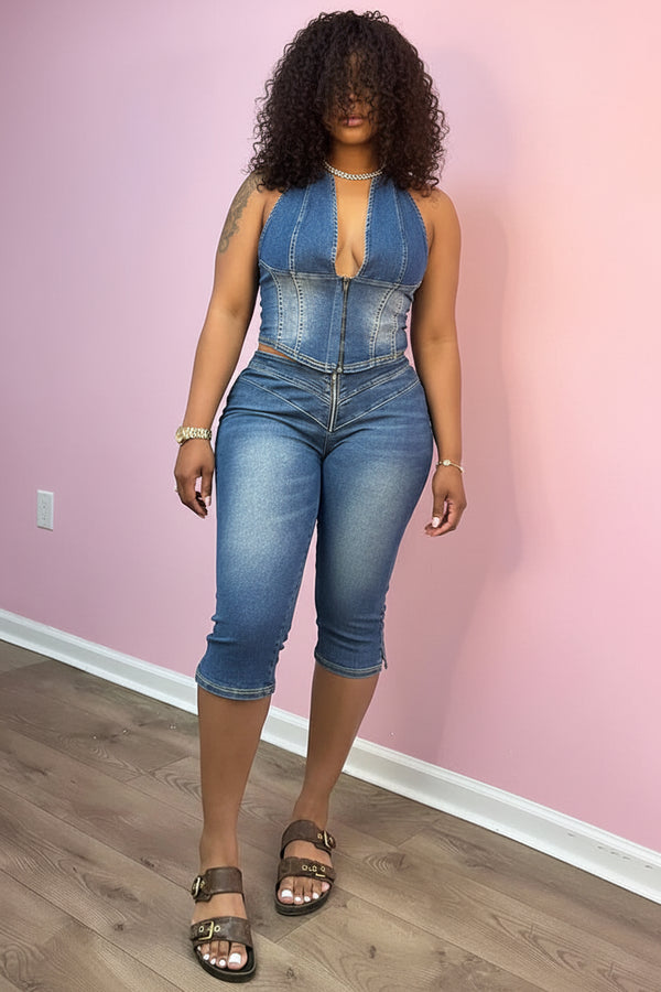 Denim Halter Crop Top Capri Set