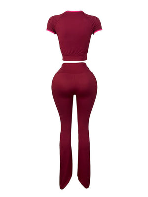 Sporty Contrast Top Flared Pants Set
