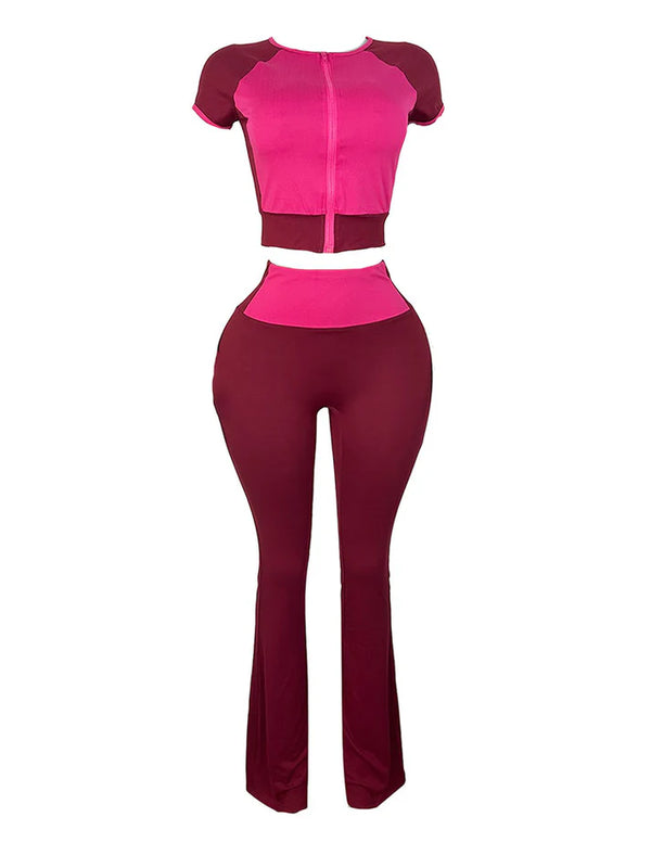 Sporty Contrast Top Flared Pants Set