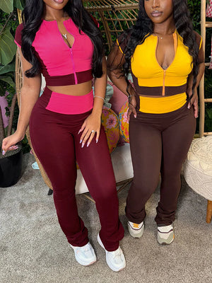 Sporty Contrast Top Flared Pants Set