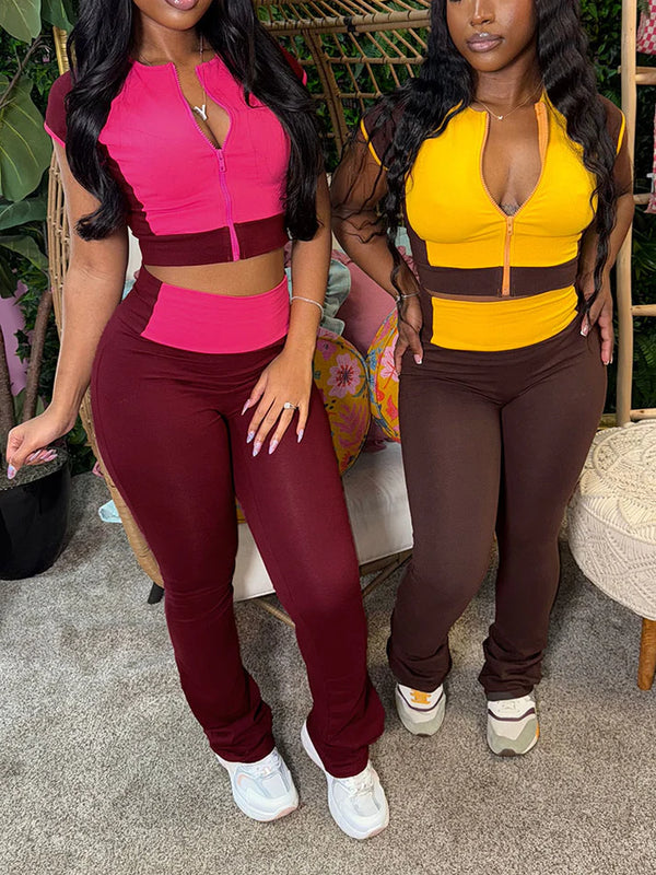 Sporty Contrast Top Flared Pants Set