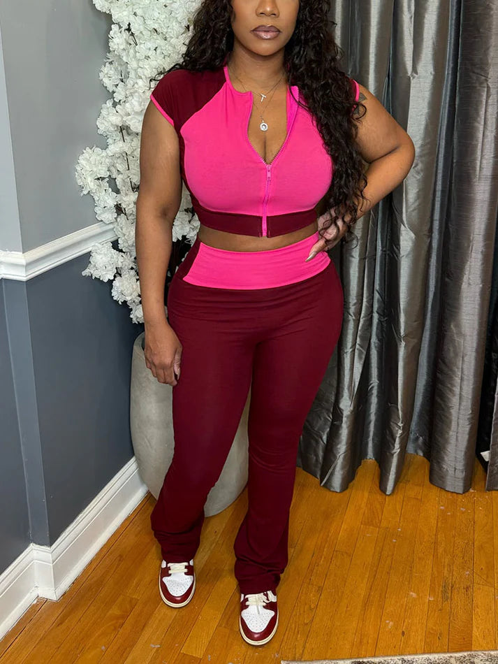 Sporty Contrast Top Flared Pants Set