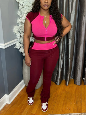 Sporty Contrast Top Flared Pants Set