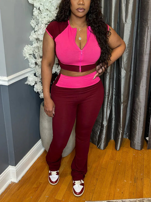 Sporty Contrast Top Flared Pants Set