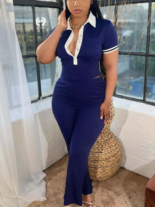Classy Polo Crop Top Wide Pants Set