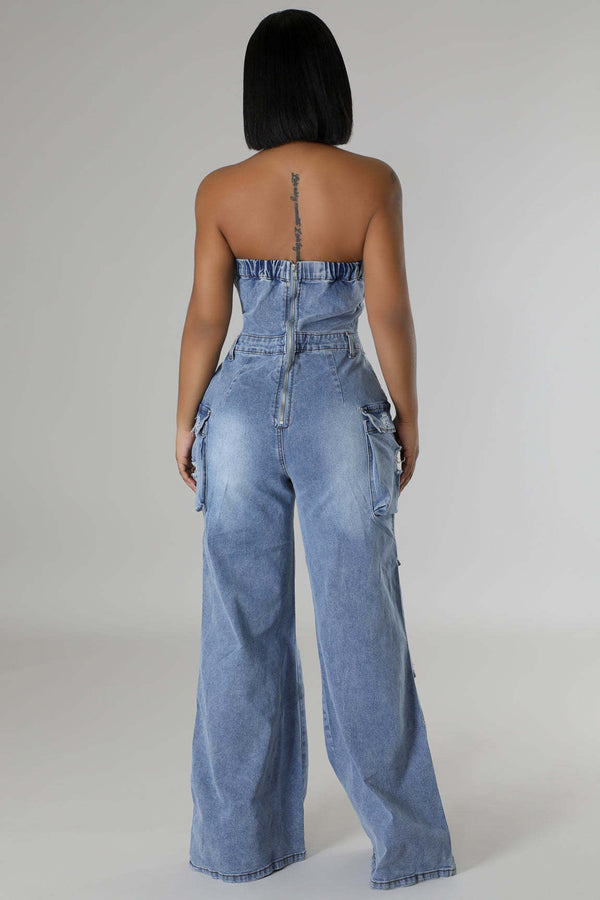 Strapless Cargo Denim Jumpsuit
