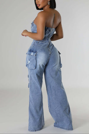 Strapless Cargo Denim Jumpsuit