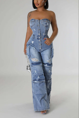 Strapless Cargo Denim Jumpsuit