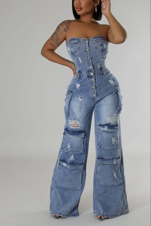 Strapless Cargo Denim Jumpsuit