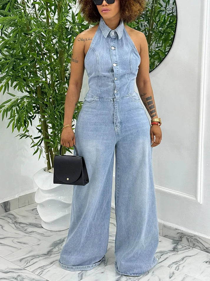 Denim Halter Wide-Leg Jumpsuit