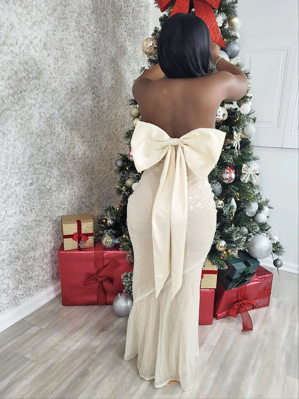 Bow Back Sequin Strapless Dresses