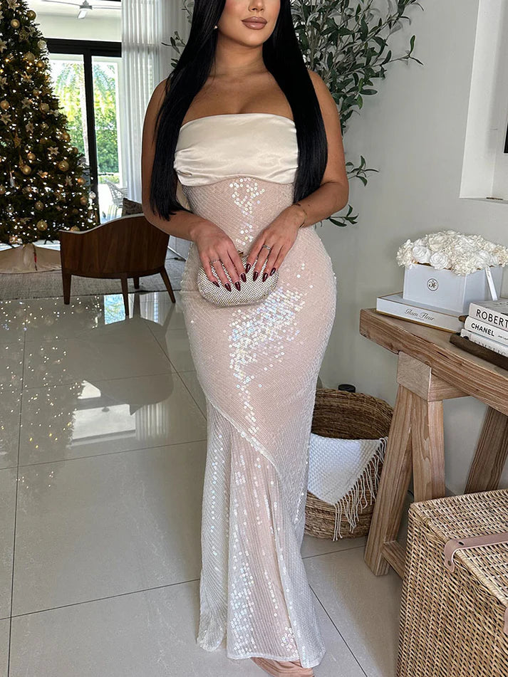 Bow Back Sequin Strapless Dresses