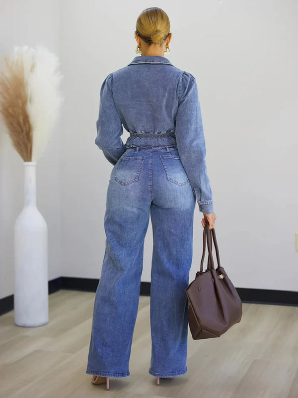 Denim Crop Jacket Snap Cargo Jeans Set