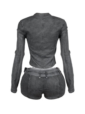Denim Zip Up Top Belt Shorts Set