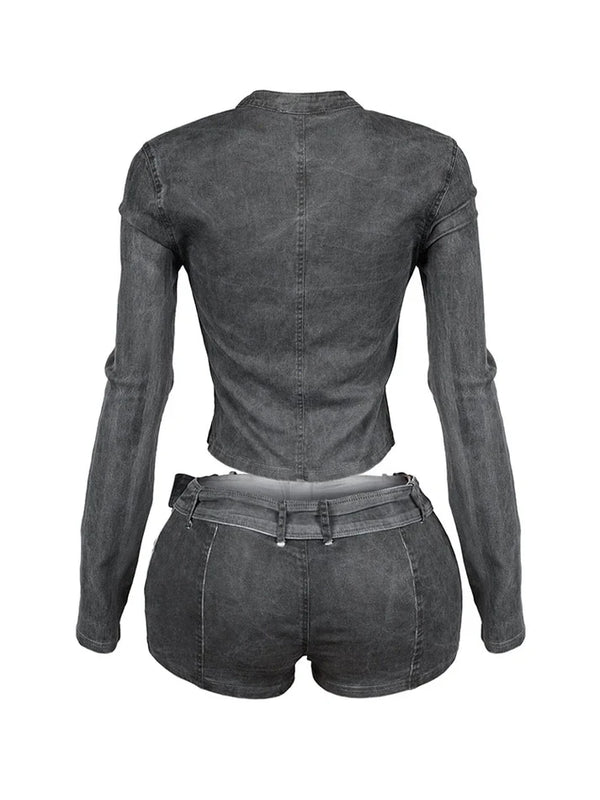 Denim Zip Up Top Belt Shorts Set