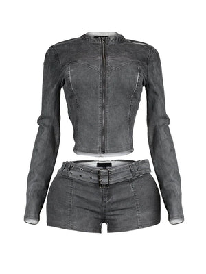 Denim Zip Up Top Belt Shorts Set