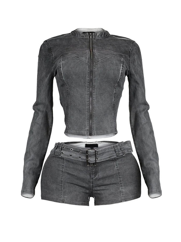 Denim Zip Up Top Belt Shorts Set