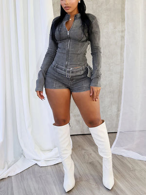 Denim Zip Up Top Belt Shorts Set