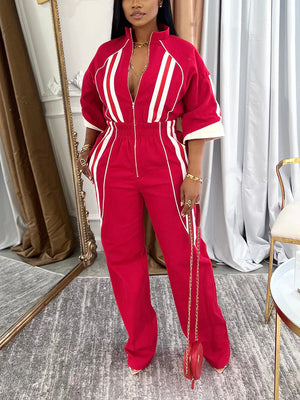 Sleeves Zip-Up Striped Jumpsuit