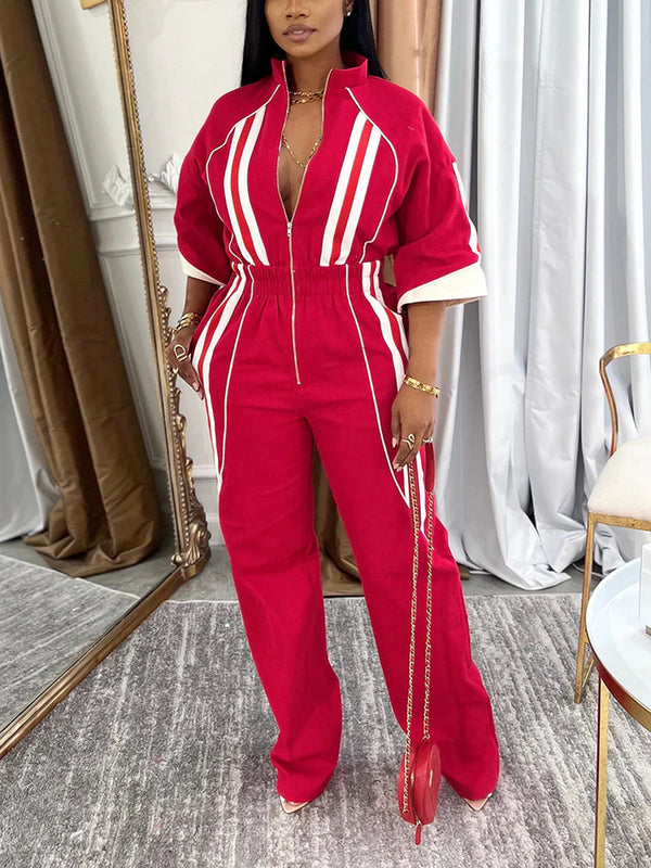 Sleeves Zip-Up Striped Jumpsuit