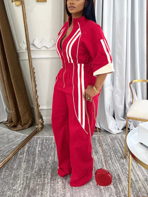 Sleeves Zip-Up Striped Jumpsuit