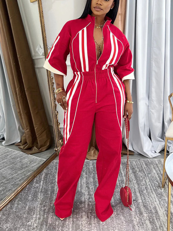 Sleeves Zip-Up Striped Jumpsuit