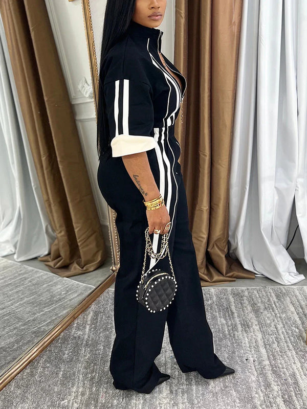 Sleeves Zip-Up Striped Jumpsuit