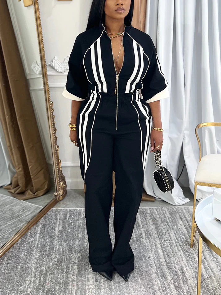 Sleeves Zip-Up Striped Jumpsuit